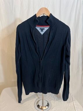 Tommy Hilfiger Men's Navy Full-Zip Sweater with Signature Trim